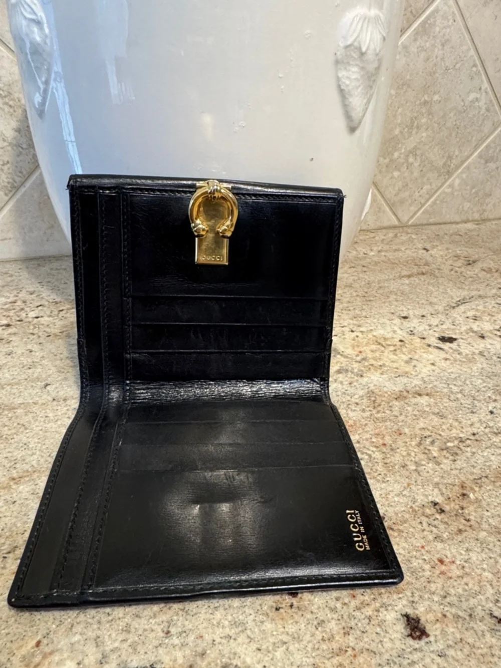 GUCCI Black Leather Compact Wallet with Gold Horseshoe Clasp - Picture 11 of 13